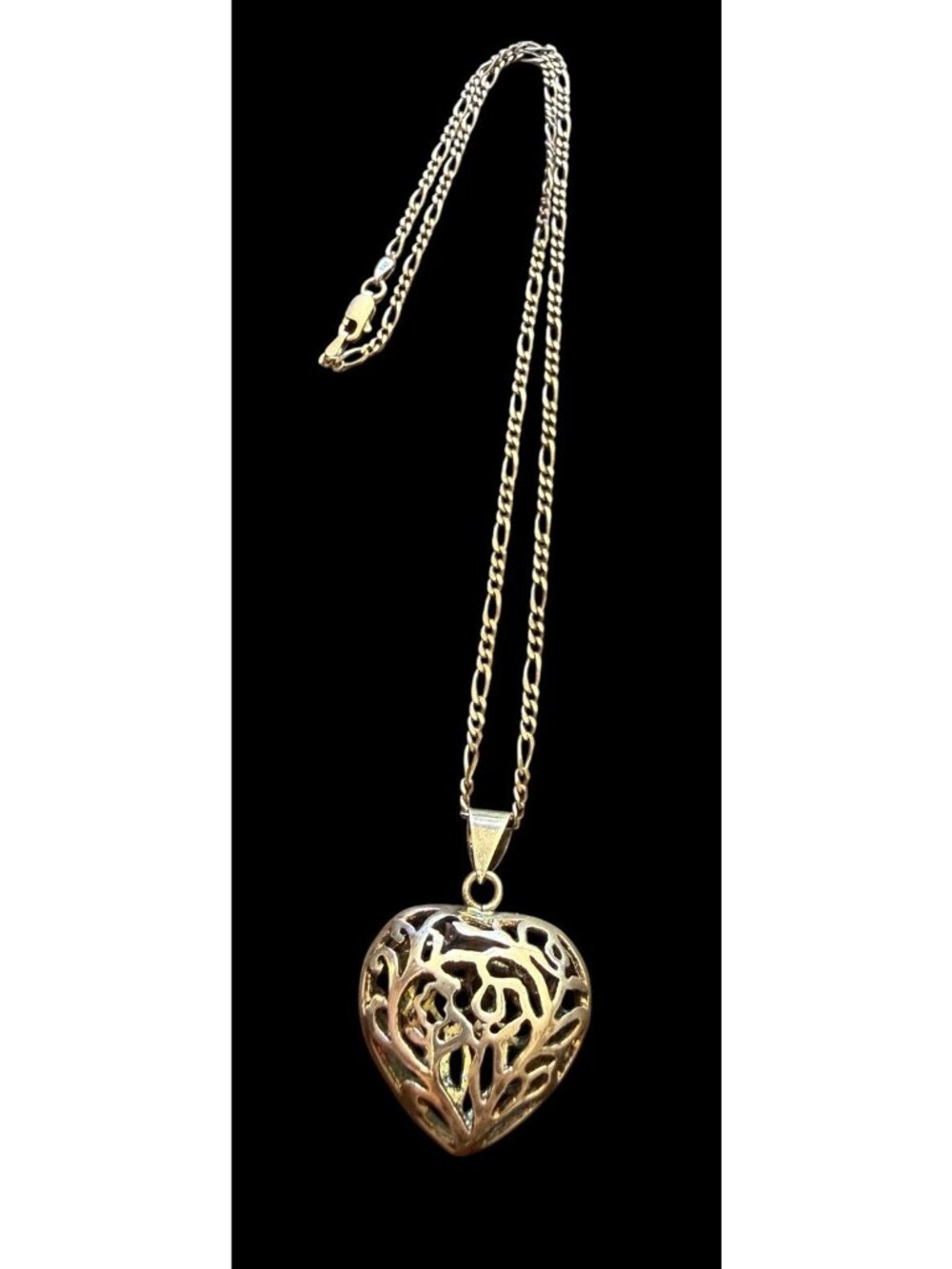 925 Italy Puffy Heart Filigree Pendant Figaro Chain Necklace 17”